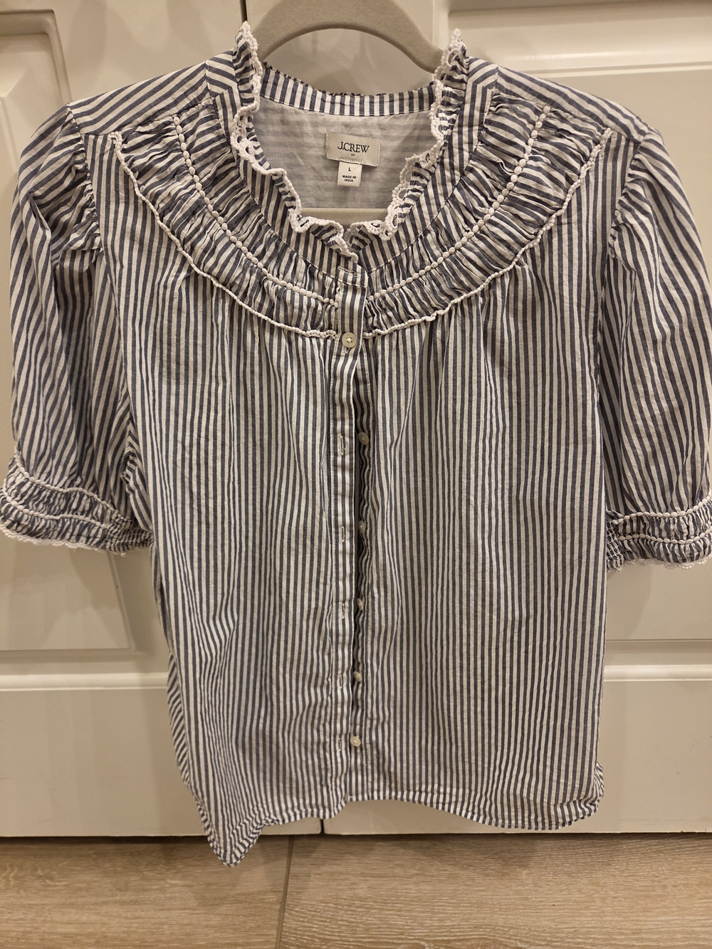 J.Crew Blue and White Striped Ruffle Collar Blouse